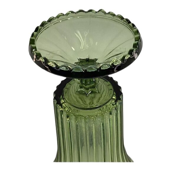 Vintage green glass Pedestal Vause vertical line scalloped base edge MCM - Picture 4 of 7